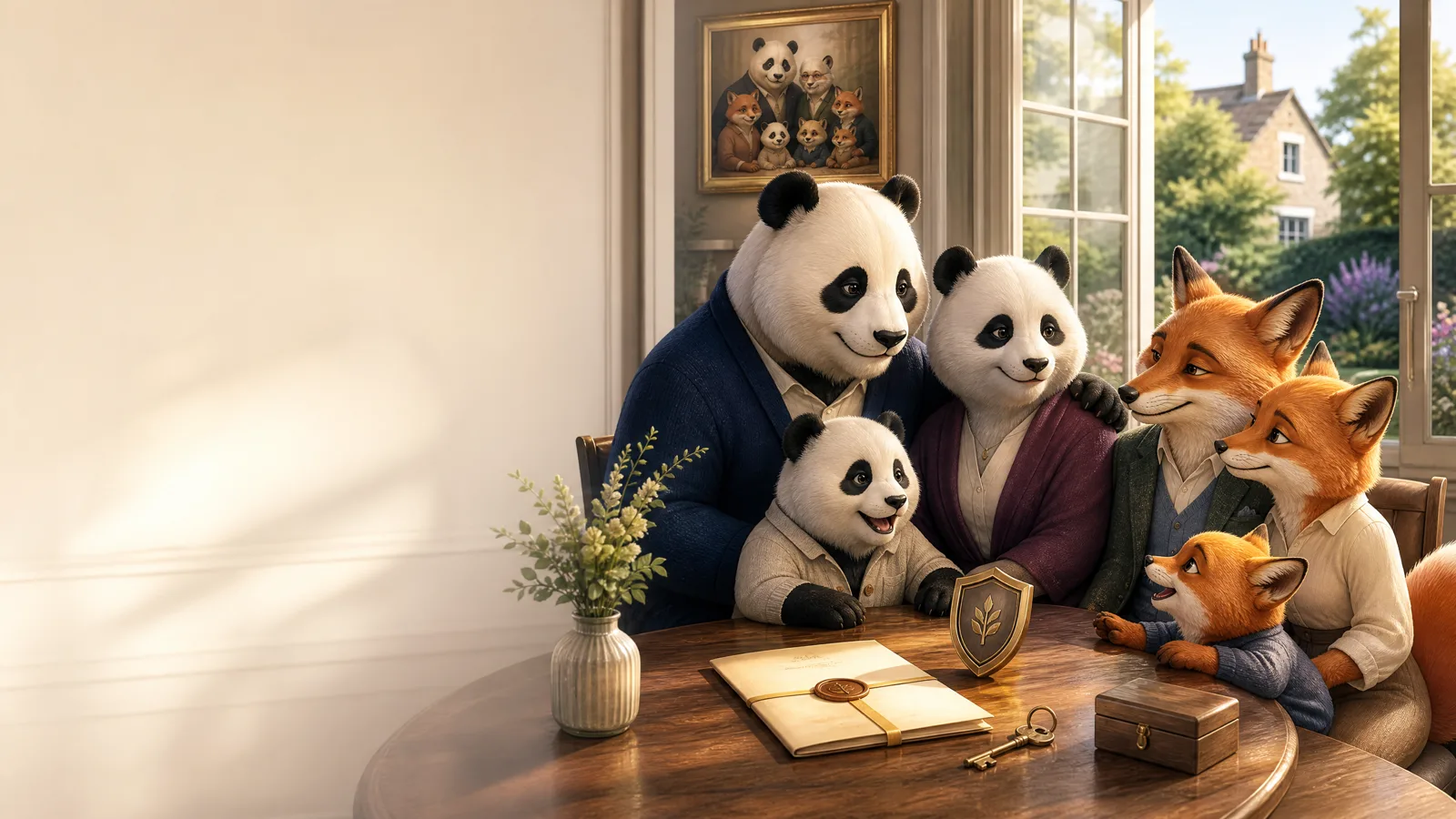 Illustration of a fox and panda family planning together around a table