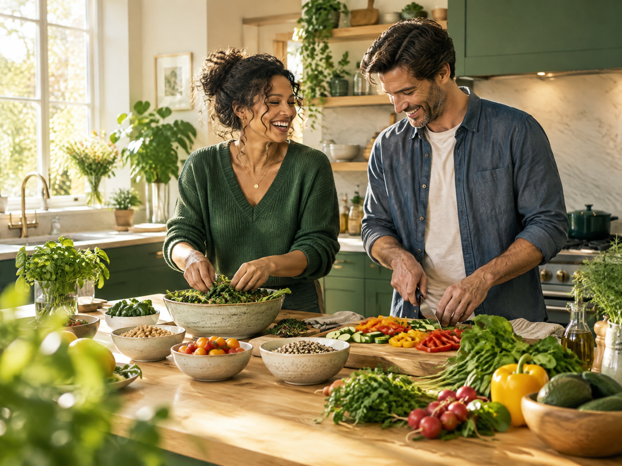 A colourful kitchen meal preparation scene