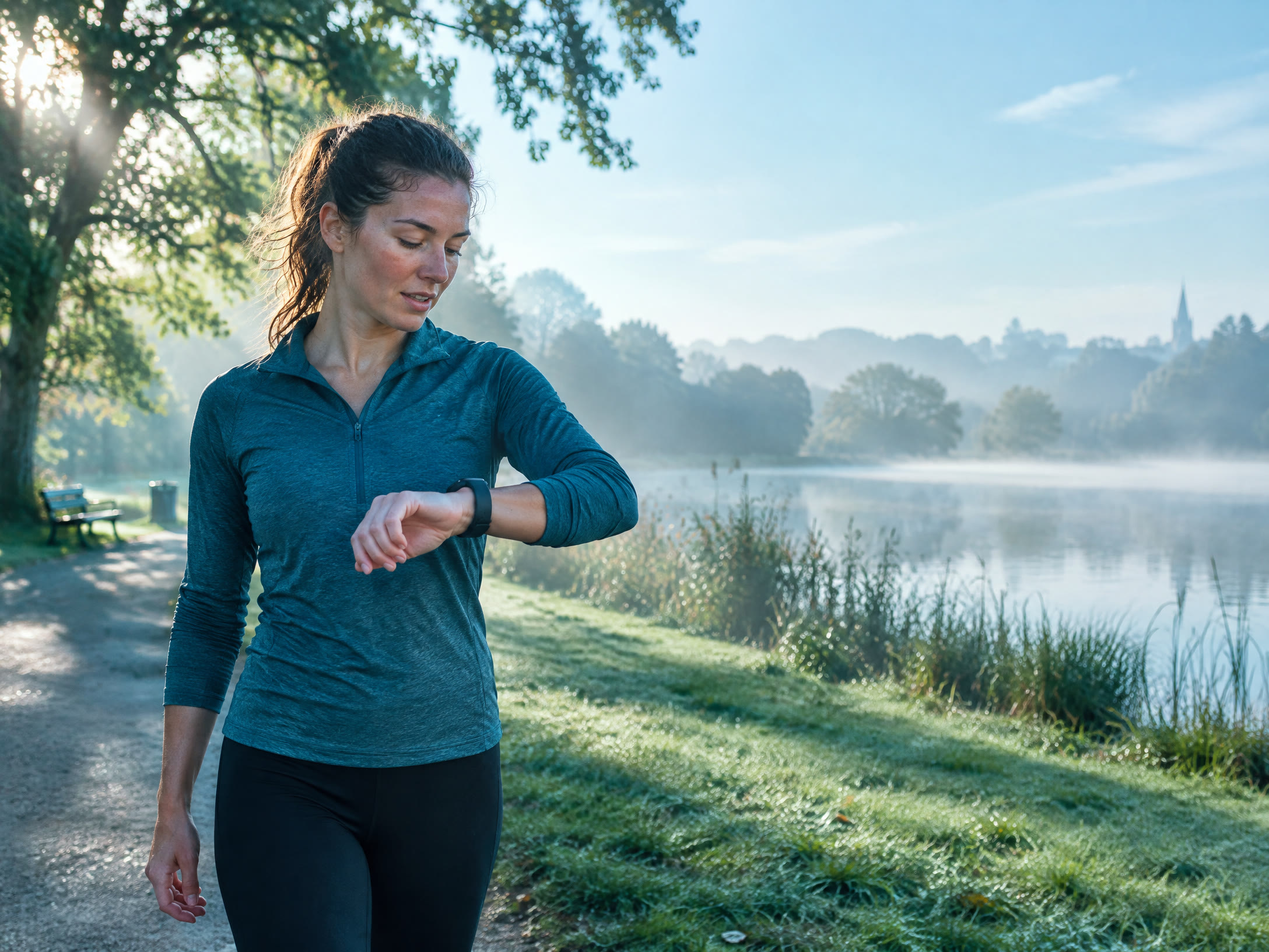 Runner checking a wearable in a park
