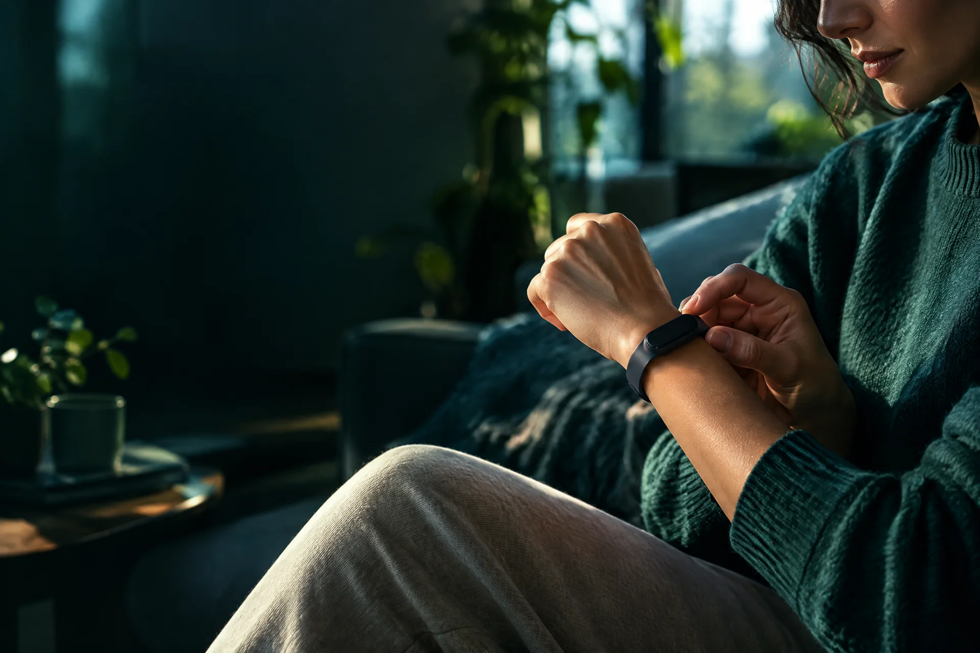 Illustrative image of a person using a wearable wellbeing band